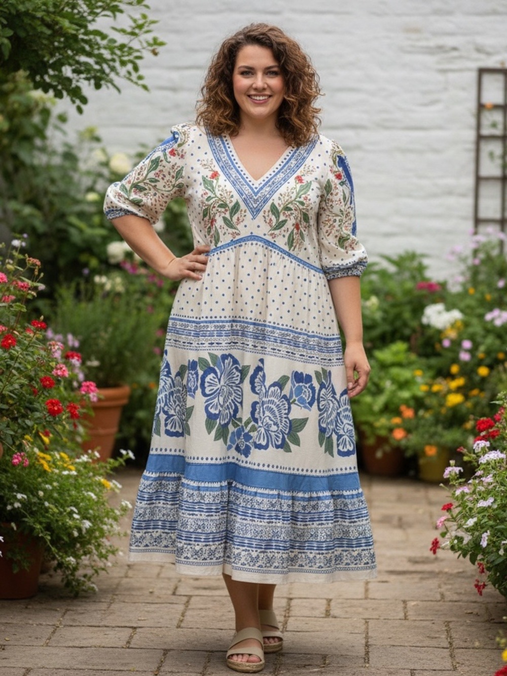BloomChic Blue and Green V neck Floral Tropical Bird Maxi Dress